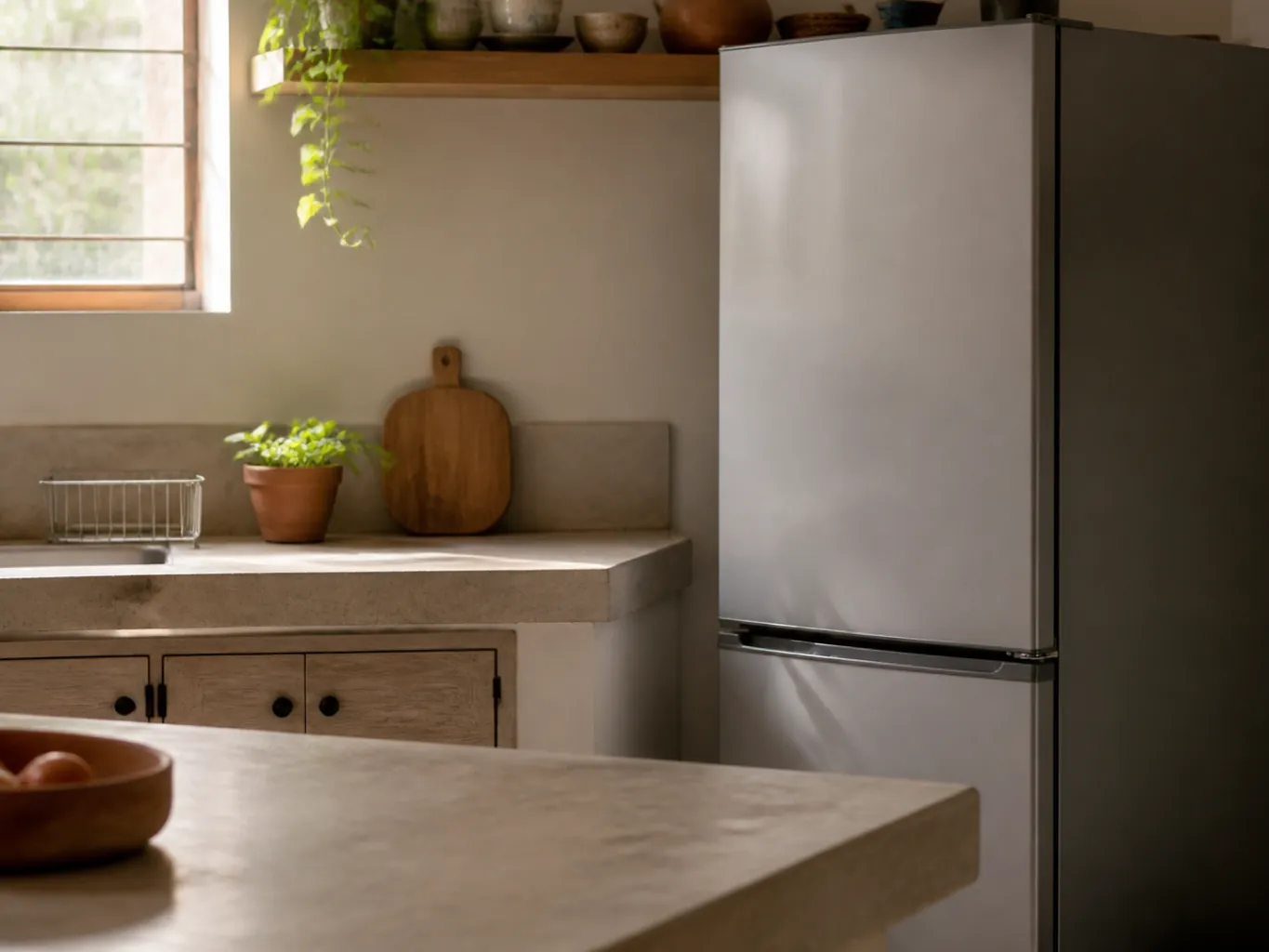 A simple kitchen corner with a fridge and countertop