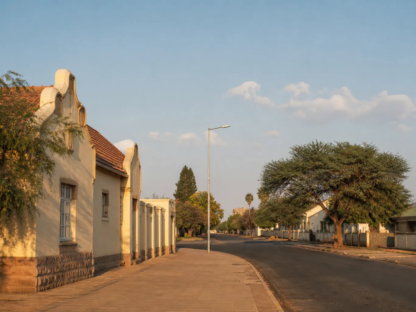 A wide quiet street in Bloemfontein under an open sky