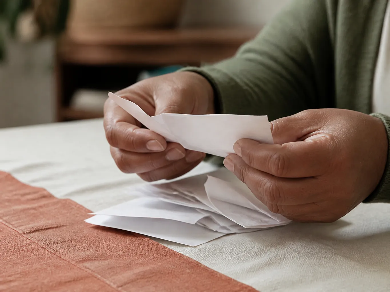 Hands counting paper receipts on a table