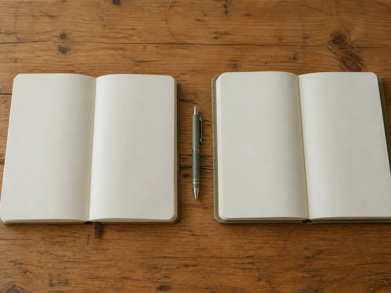 Two open notebooks side by side with a pen between them