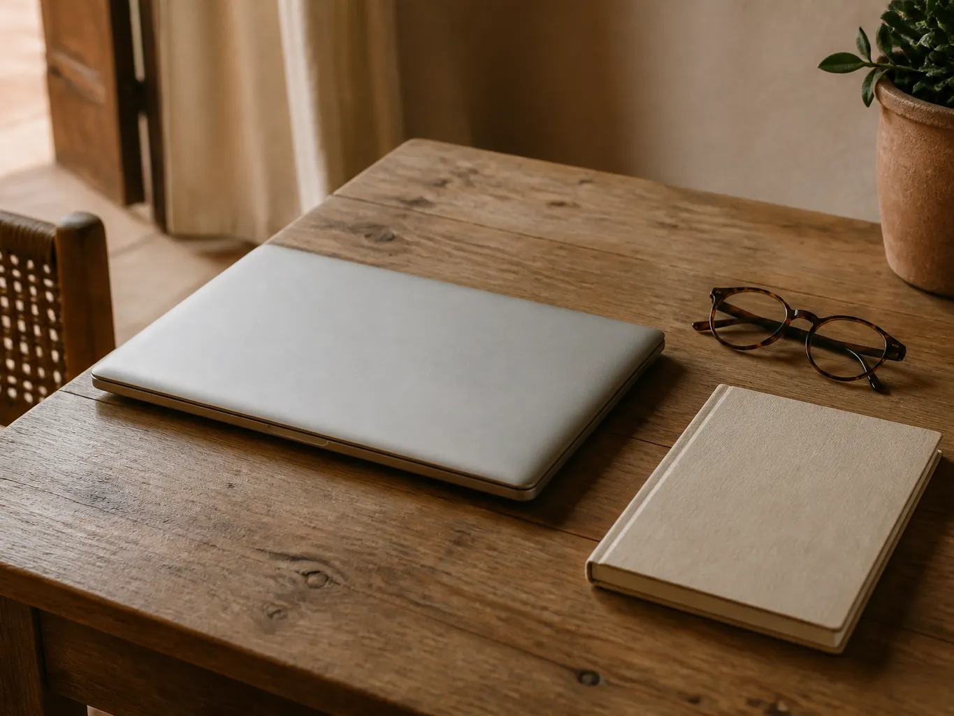 A closed laptop, notebook and reading glasses on a desk