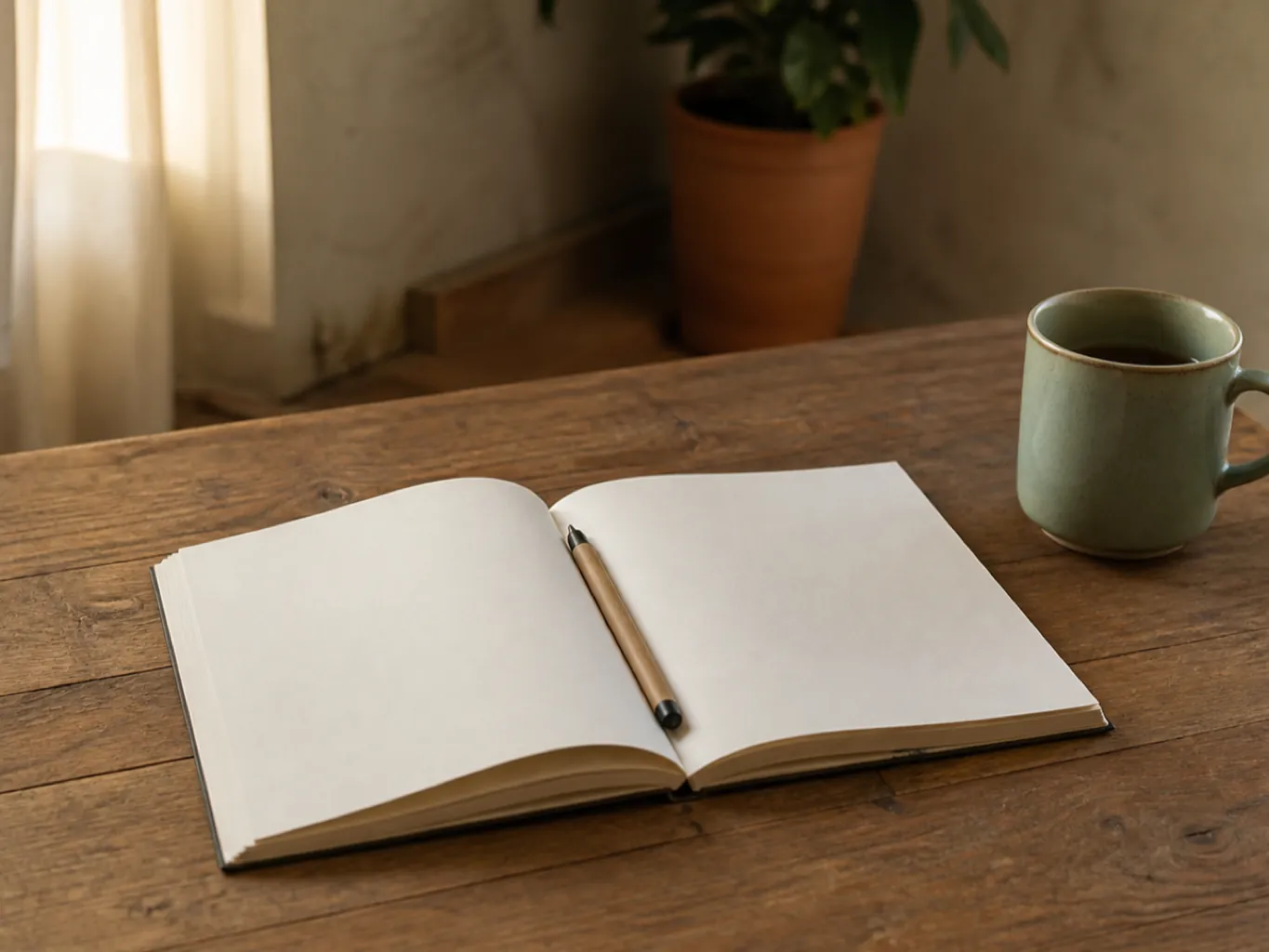 An open notebook and pen on a wooden desk