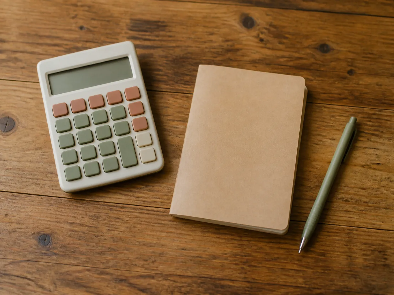 A calculator, notebook and pen on a wooden table