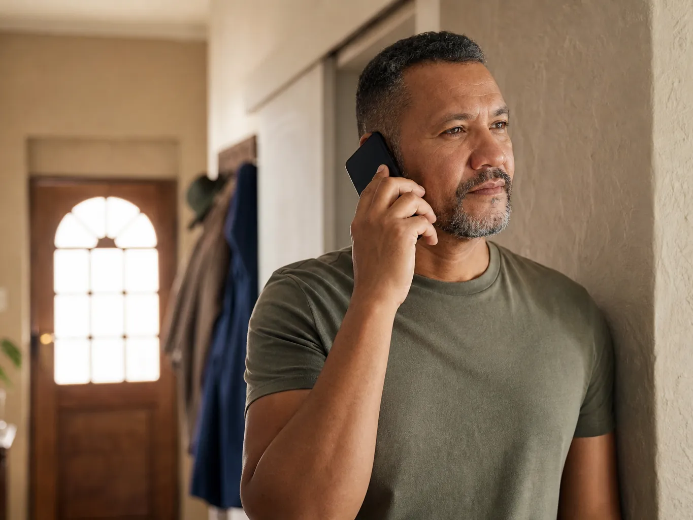 A man on the phone in a hallway at home