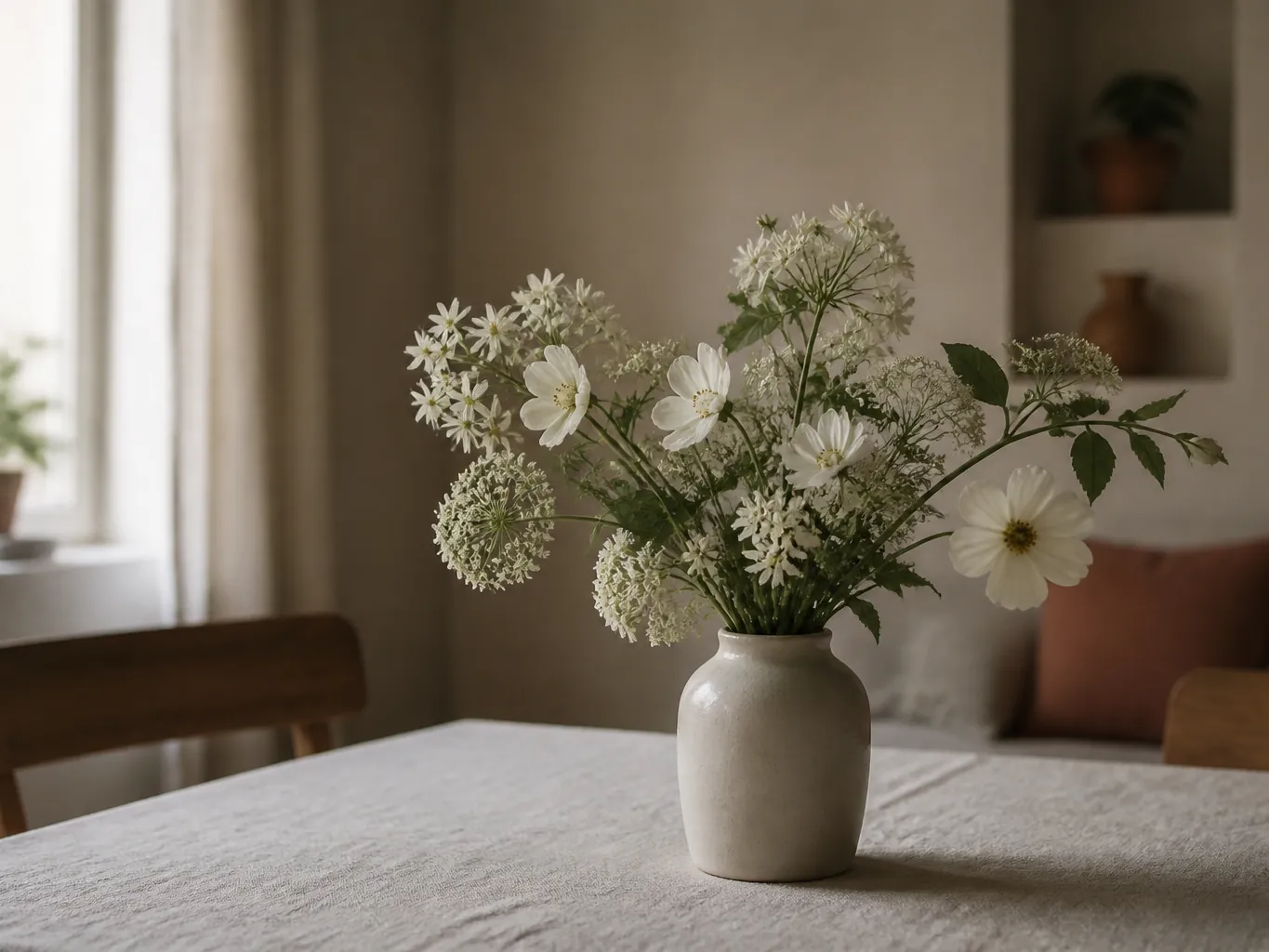 White flowers in a simple vase on a table at home