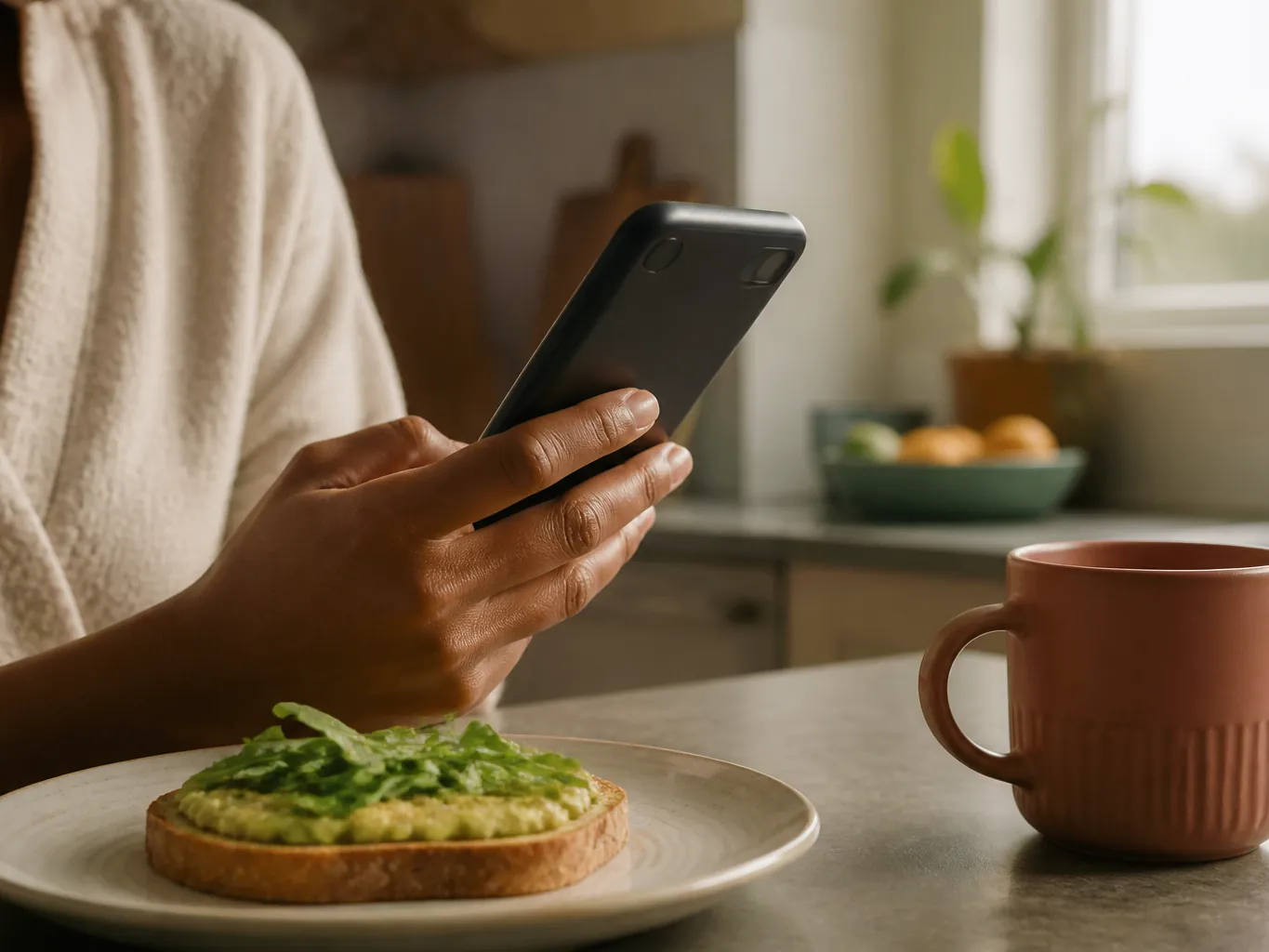 A phone held at a kitchen counter in morning light