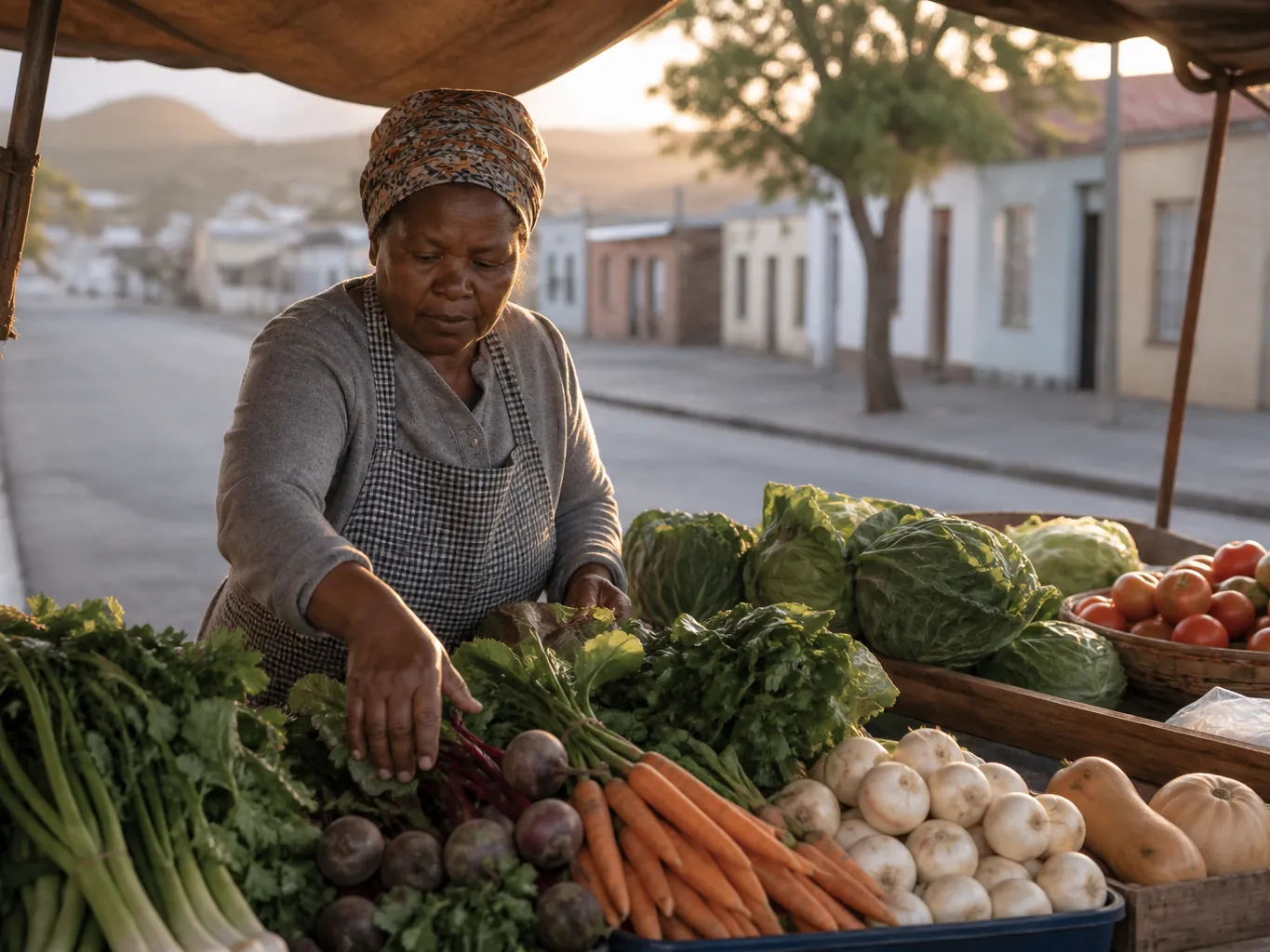 A market stallholder arranging produce in the early morning