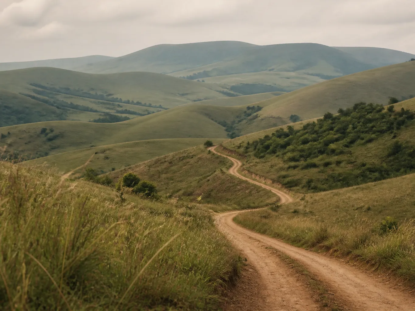 Rolling green hills and a dirt road in KwaZulu-Natal