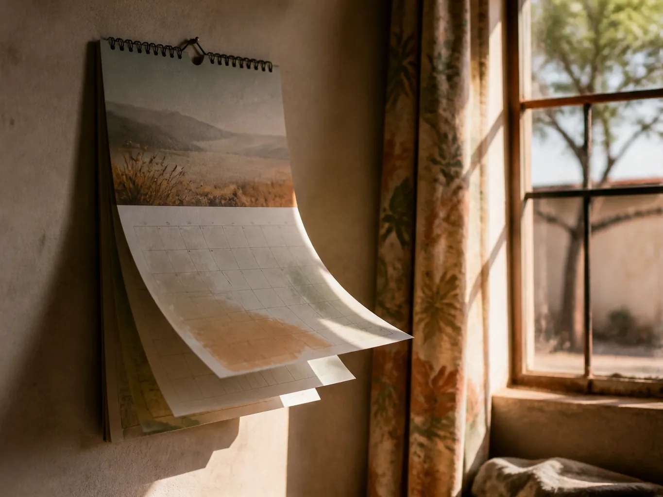 A wall calendar beside a window in warm afternoon light