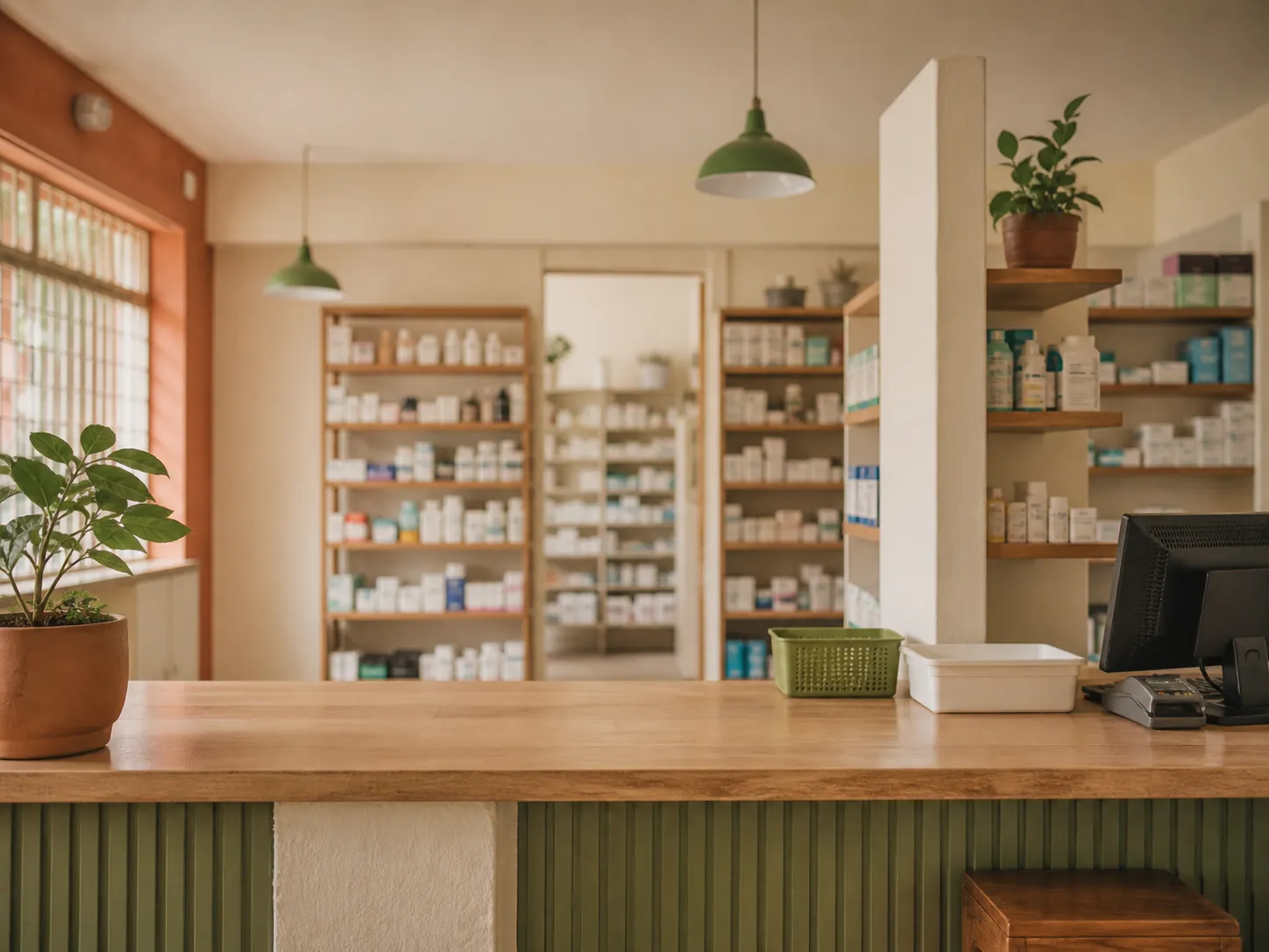 A pharmacy counter with shelving behind it