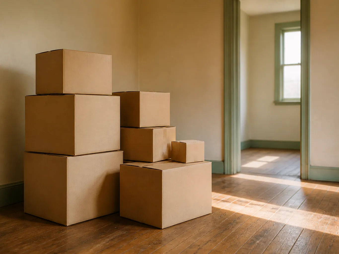 Stacked cardboard boxes in an empty room