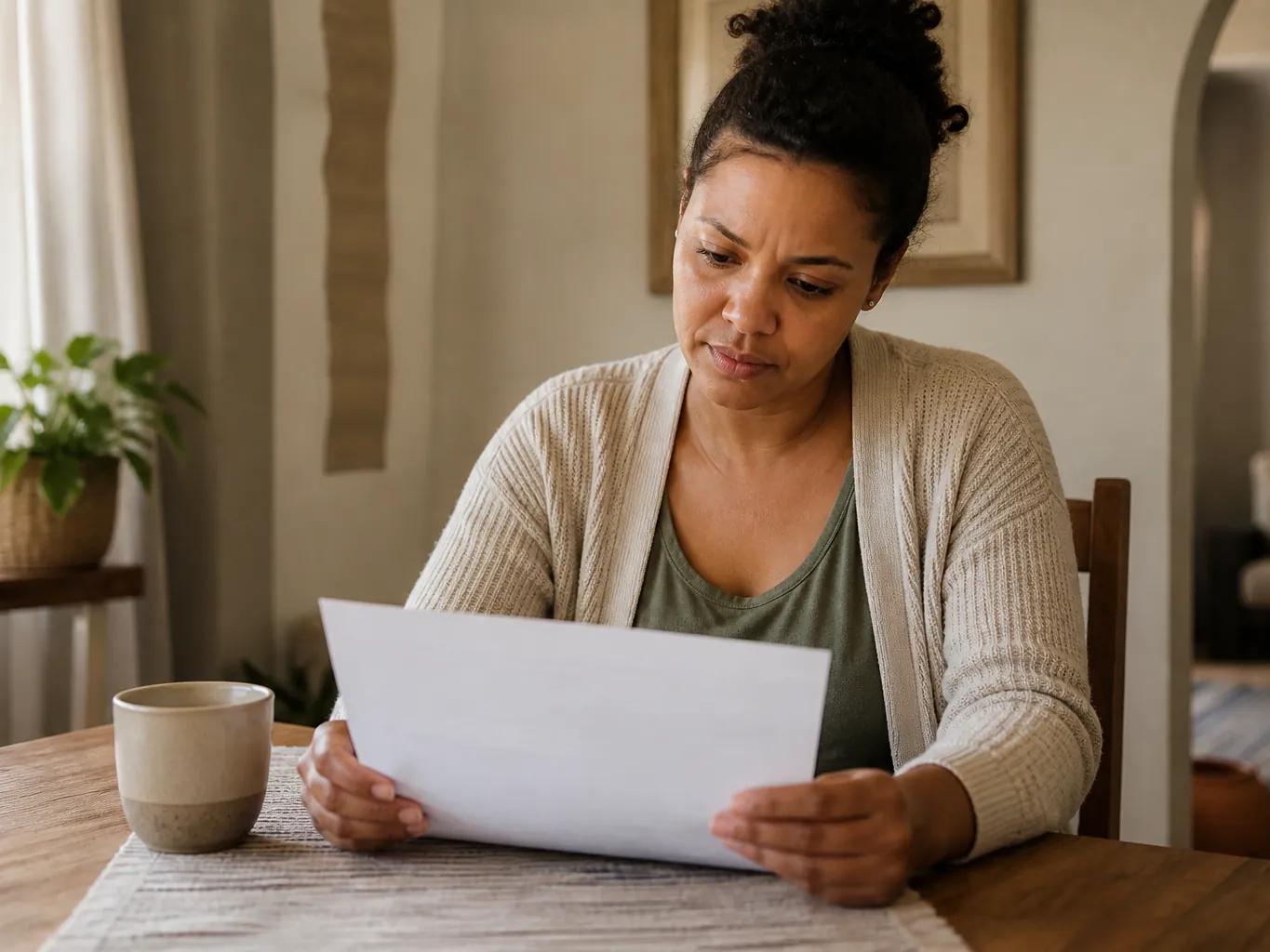 A woman reading a document carefully at a table