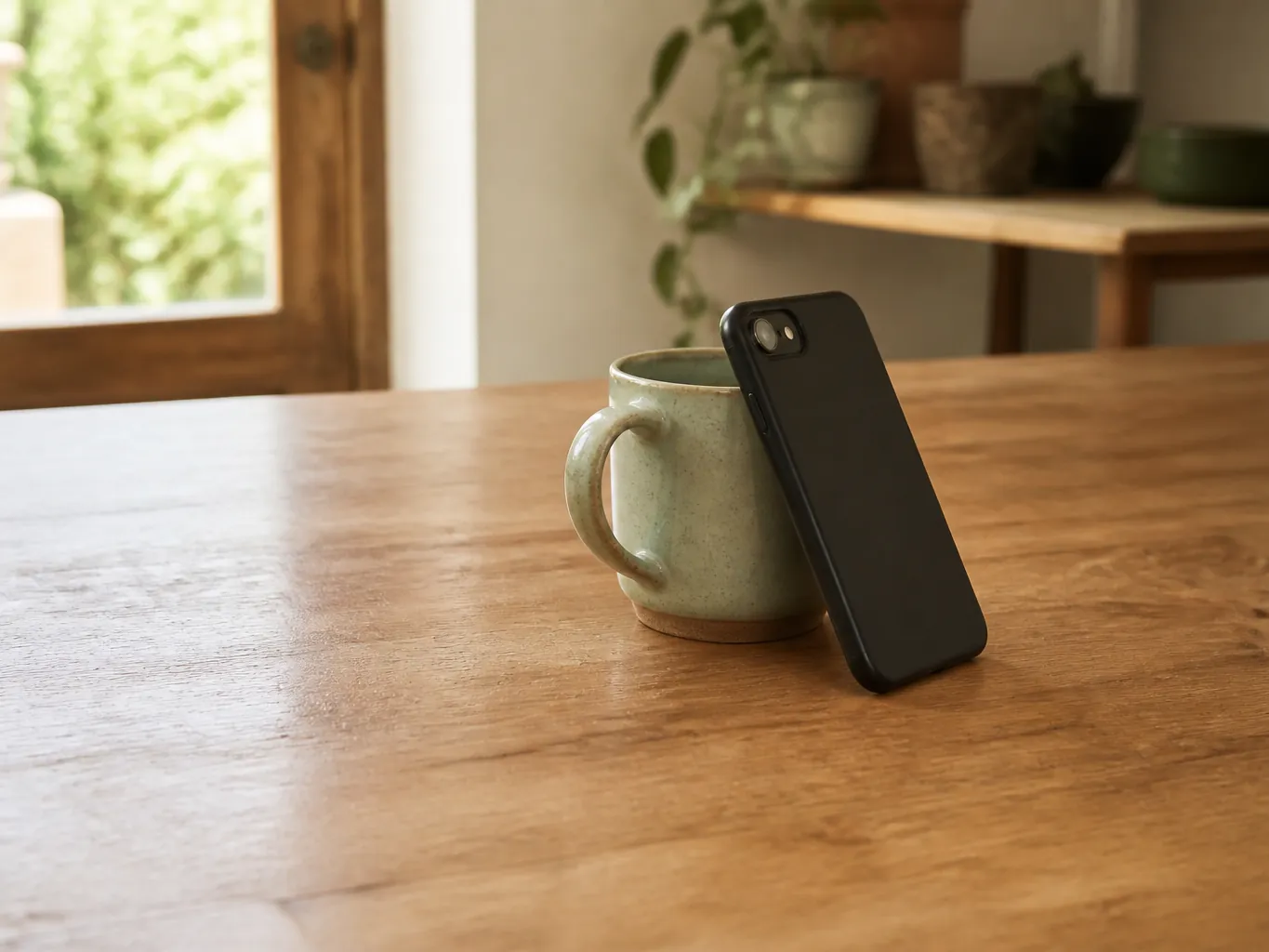 A phone propped against a mug on a clear table