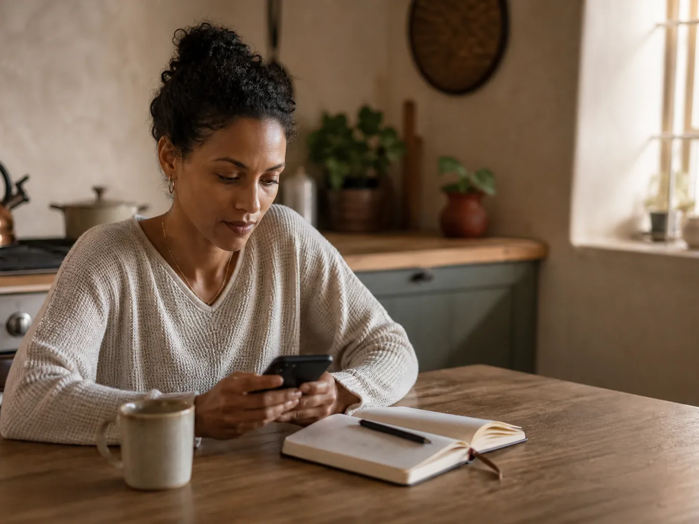 A woman checking loan costs on her phone at a kitchen table
