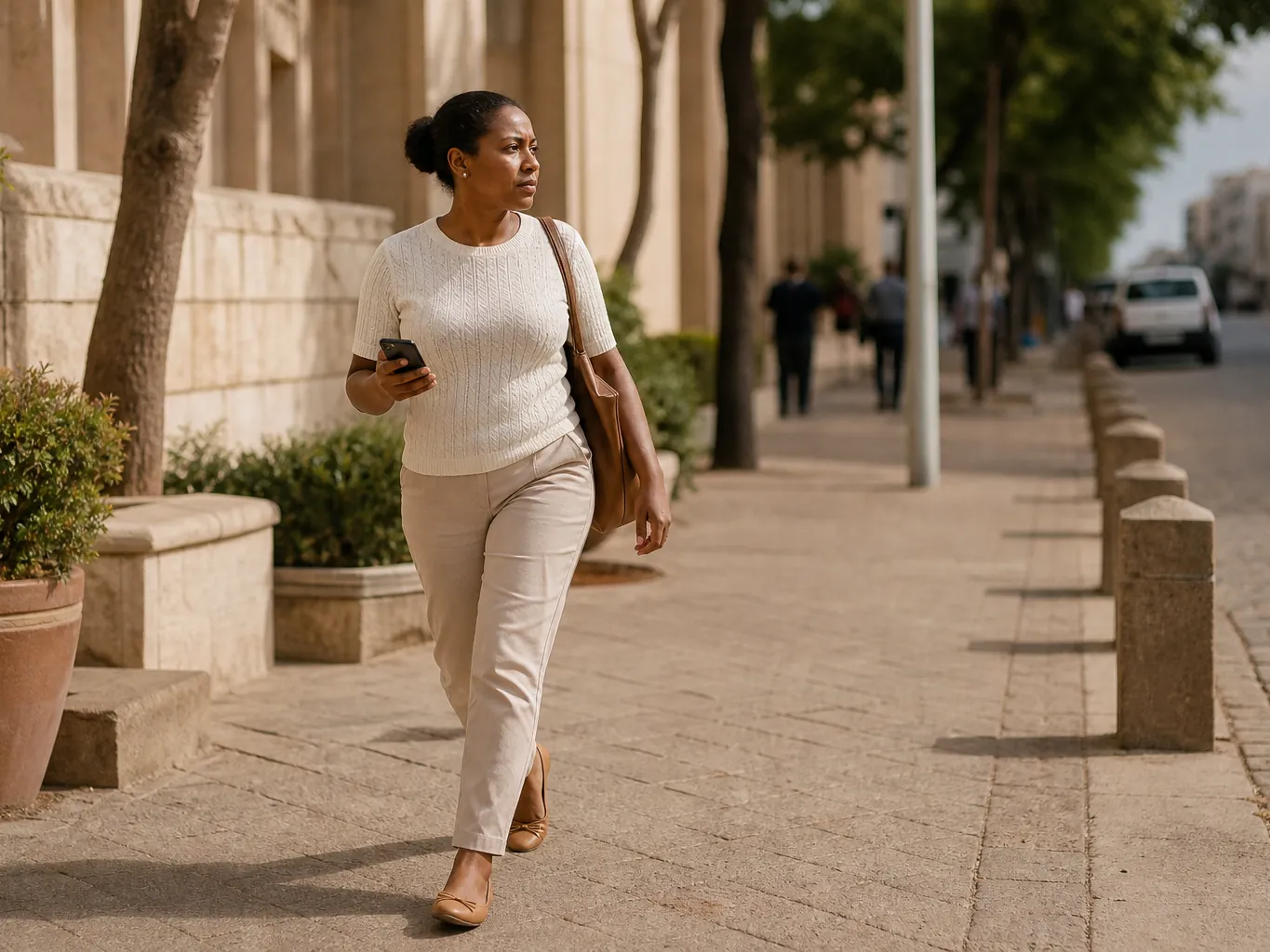 A woman walking along a sunlit pavement while checking her phone