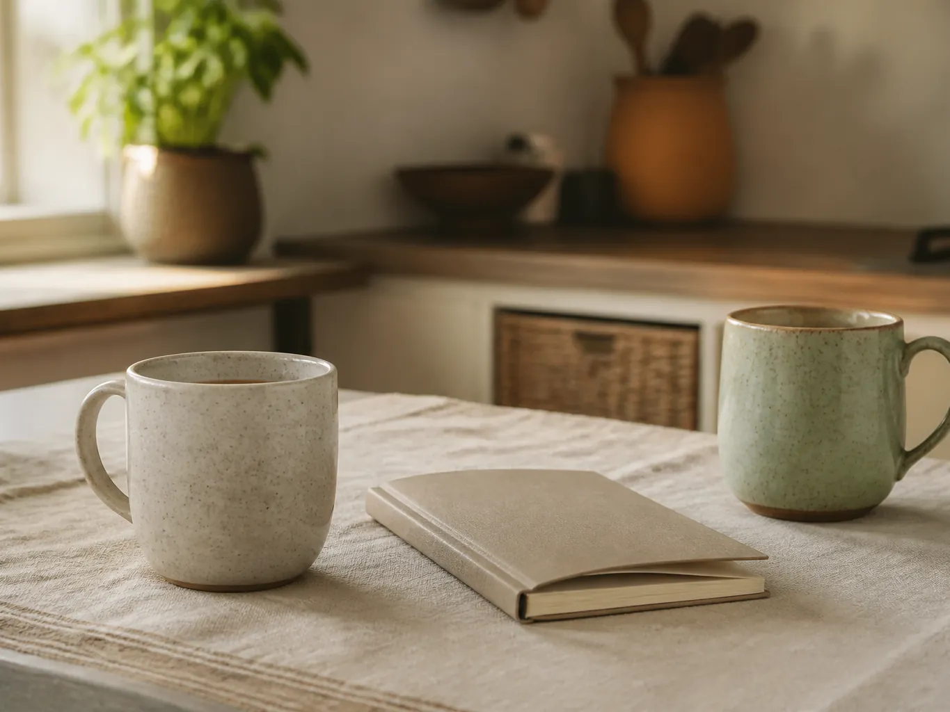 Two mugs and a notebook on a kitchen table