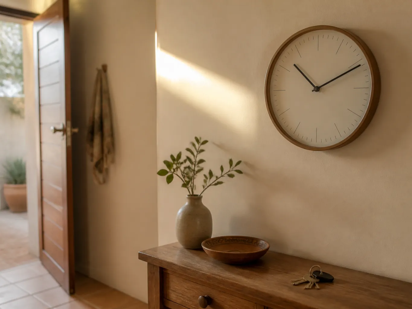A clock and keys on a hallway table beside a front door