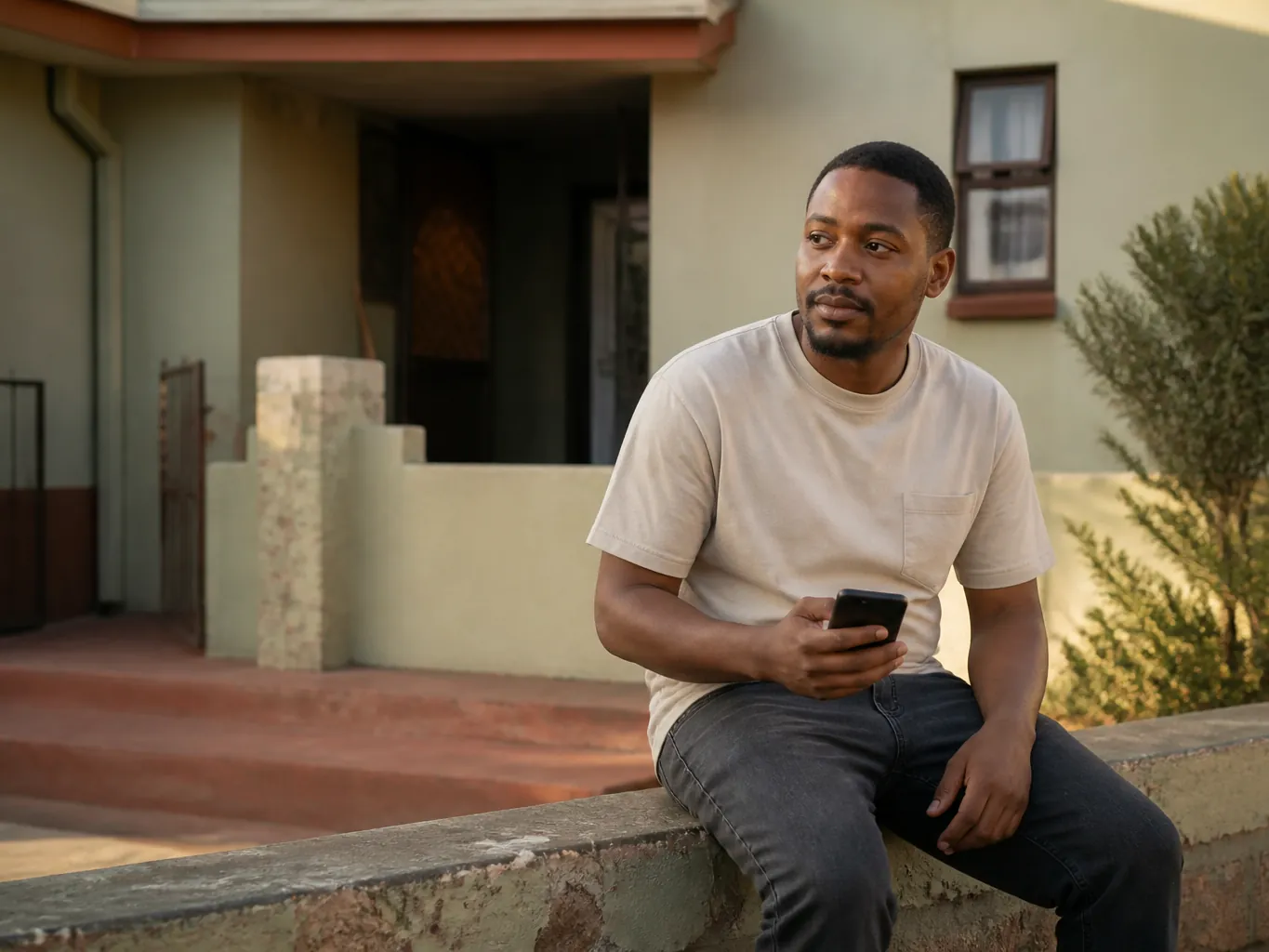 A man checking his phone outside a home in the late afternoon