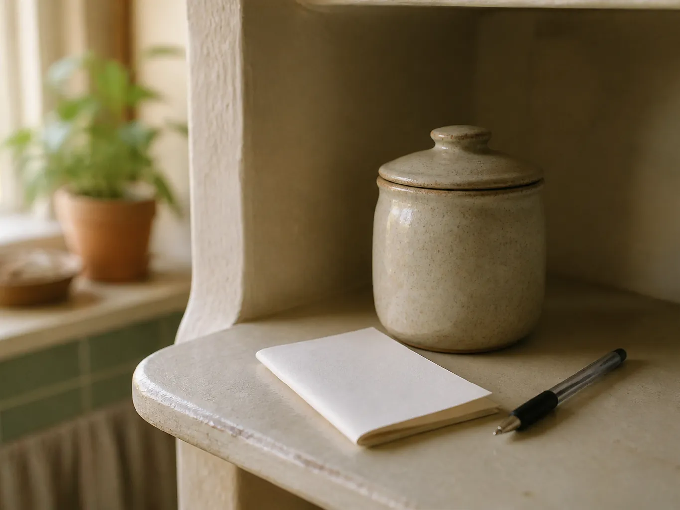 A jar, a folded list and a pen on a kitchen shelf