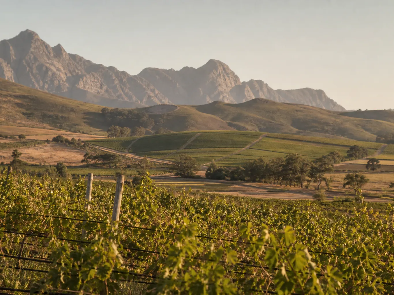 Western Cape farmland with vineyards and mountains